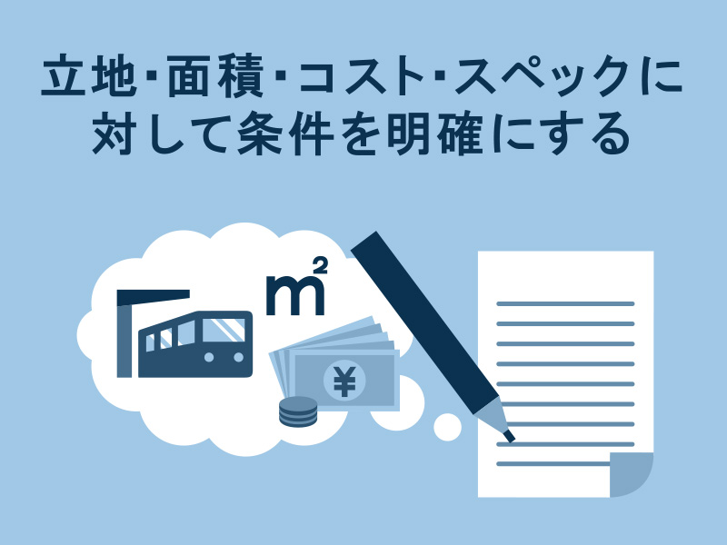 立地・面積・コスト・スペックに対して条件を明確にする